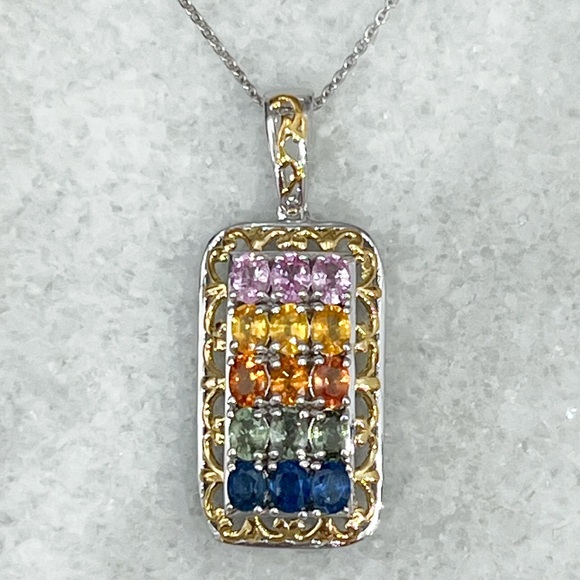 Multi Sapphire 18K Vermeil YG Sterling Silver Pendant 20” Necklace - Picture 6 of 13